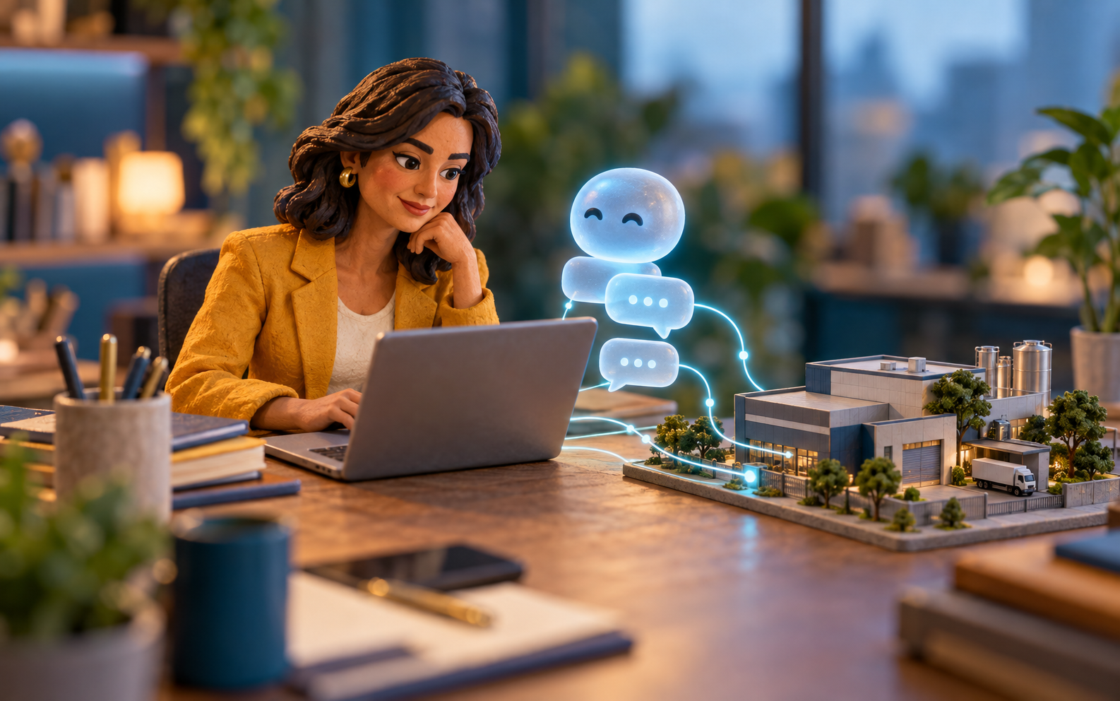 Ilustração em miniatura de uma profissional com notebook e assistente de IA conectados a uma empresa industrial.