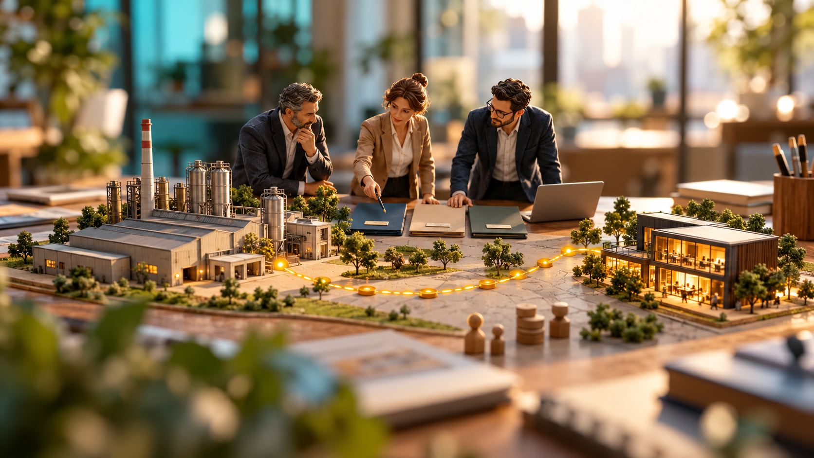 Profissionais avaliam propostas de agência de marketing B2B em uma maquete que conecta uma indústria a um estúdio criativo.